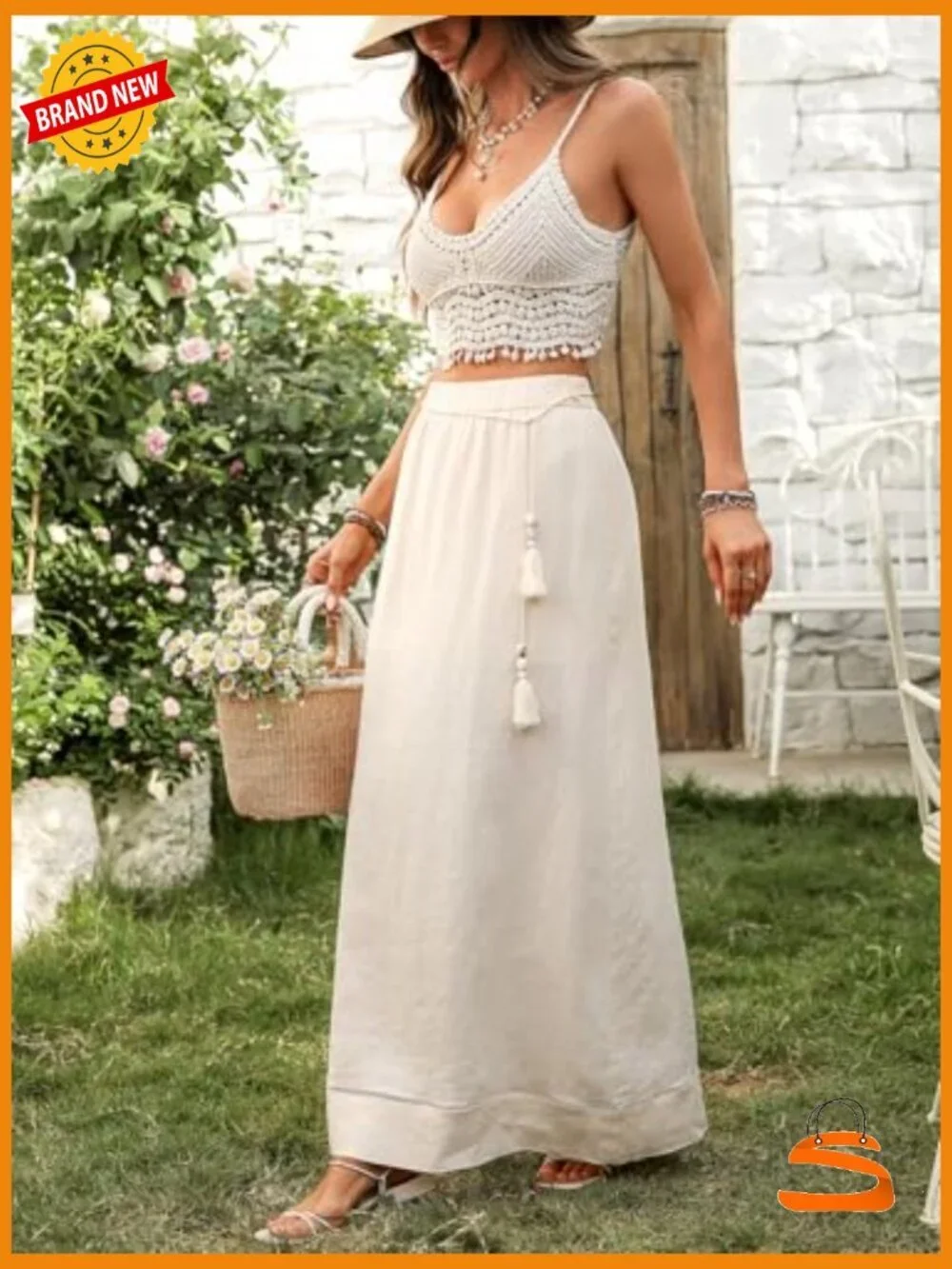 100% Linen Maxi Skirt with Detachable Tassel Belt A-Line Wrap